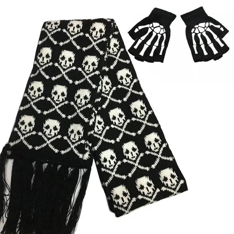 

Fashion Skull Knitted Women Men Winter Scarf Skeleton Scarves Party Wraps with Black Fringe Luminous Skull Gloves