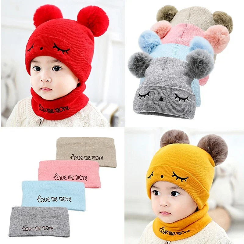 

2Pcs Toddler Hat +Twitter Pompon Winter Children Hat Bonnet Enfant Knitted Cute Cap For Girls Boys 0-24 Months