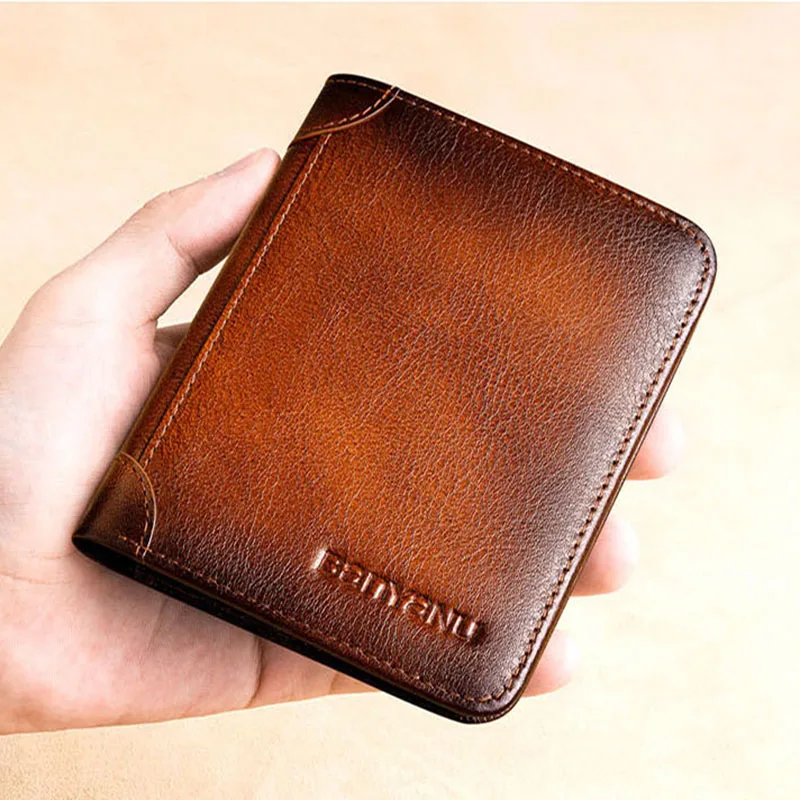 

Retro Genuine Leather Men's short Wallets Brand Cowhide RFID Blocking Protect Wallet Business Card Holder Purse Money Clip 2024