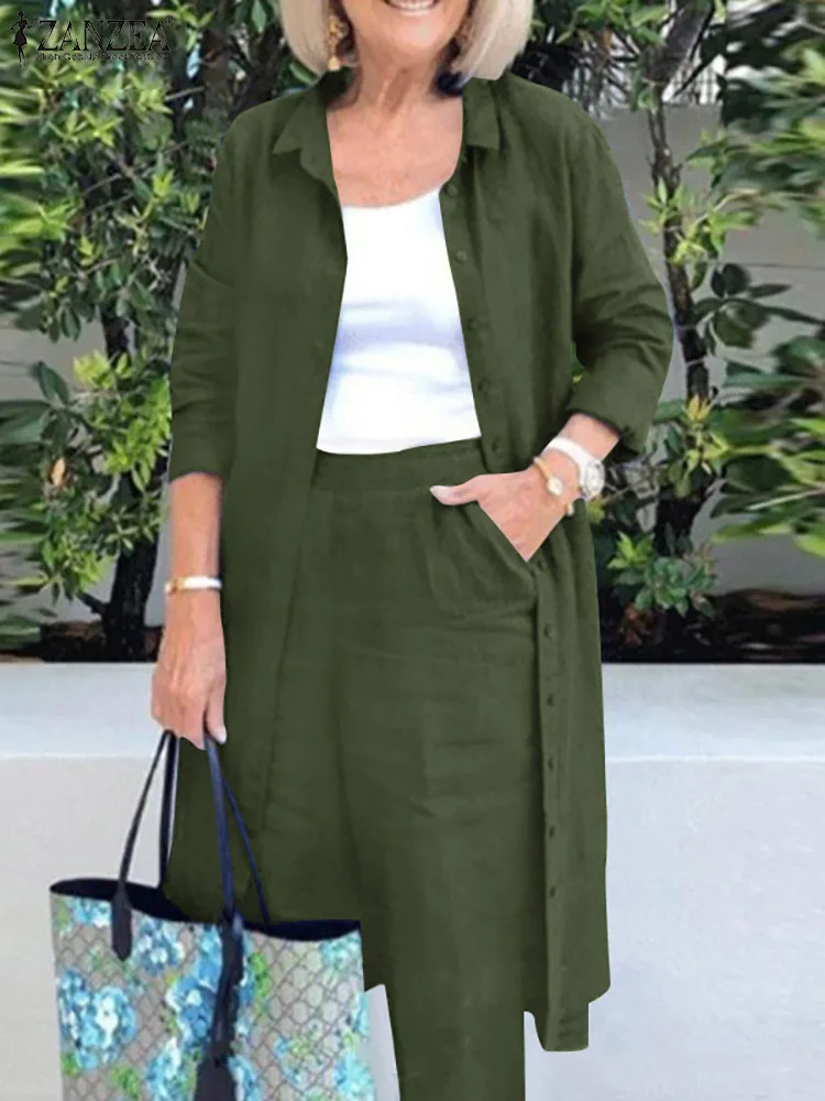 

2023 ZANZEA Spring Women's Outfits Vintage Cotton Blouse Set Fashion Women Matching Sets Causal Long Shirt Loose Trousers Suit
