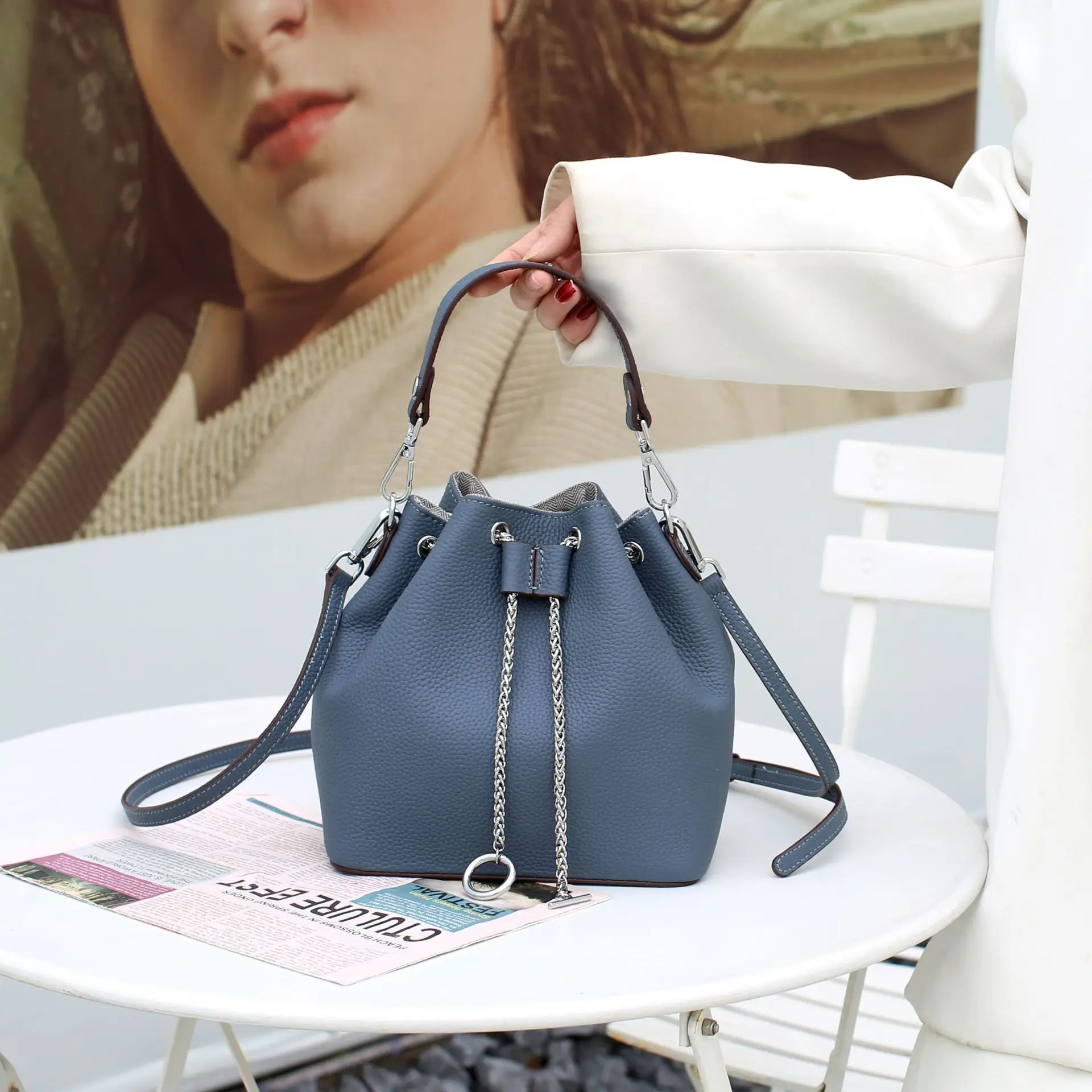 

Cow Leather Women's Handbag Small Shoulder Crossbody Bag Fashionable Large Capacity Bucket Bag, Pull Rope Closure Soft Leather