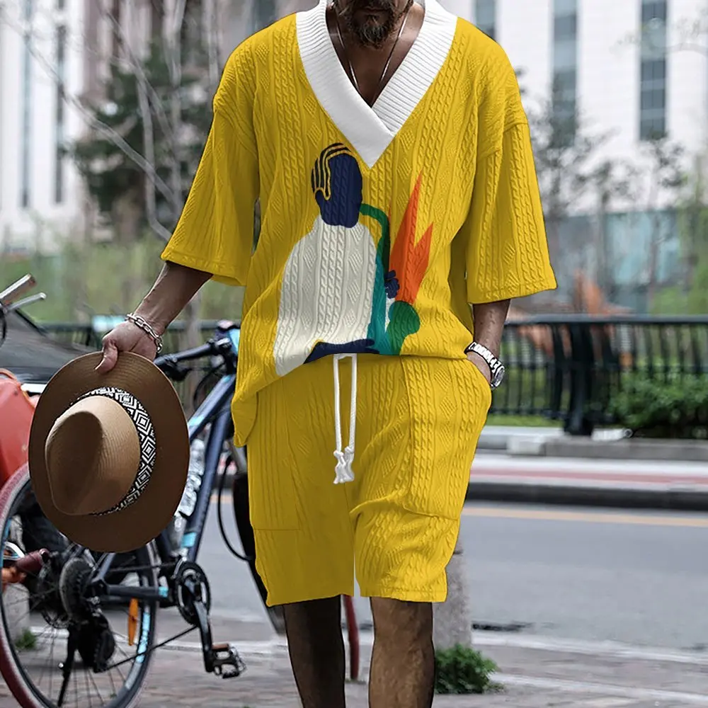 

2024 Men's Trendy Printing Casual Set Men's Summer Loose Short sleeved Shorts V-neck Dynamic Set Two piece Set for Men