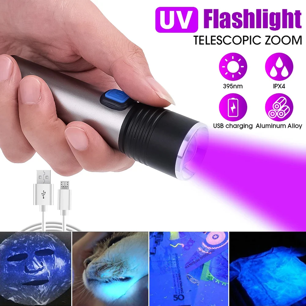 Zoomable UV Lanterna LED, Luz Violeta, USB Recarregável, Impermeável, Pet Urina Scorpions Lâmpada de Detecção, 365, 395nm