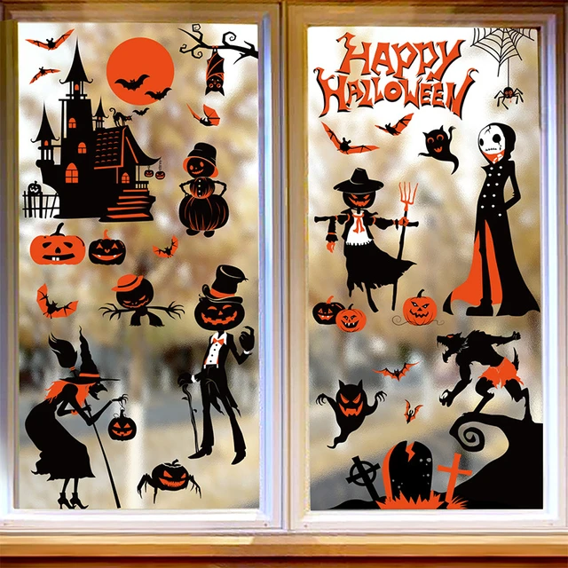 Cute Cartoon Halloween Window Stickers Witch Bat Pumpkin Skull  Electrostatic Glass Wall Door Decals Kids Room Party Decoration - AliExpress