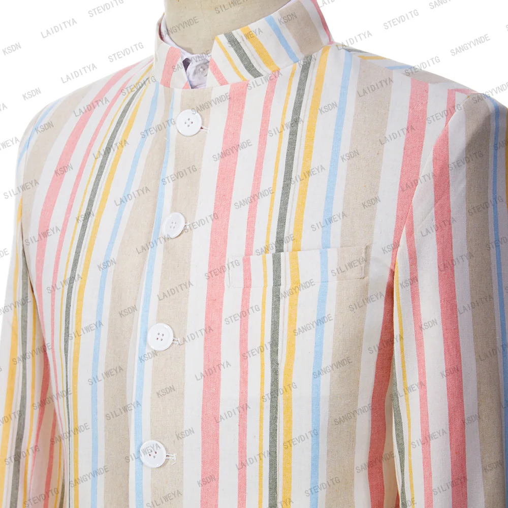 Blazer Men Suits Colorful Stripe Linen Summer Stand Collar Single Breasted Jackte Pants Leisure Piece Full Set Outfits Fahion