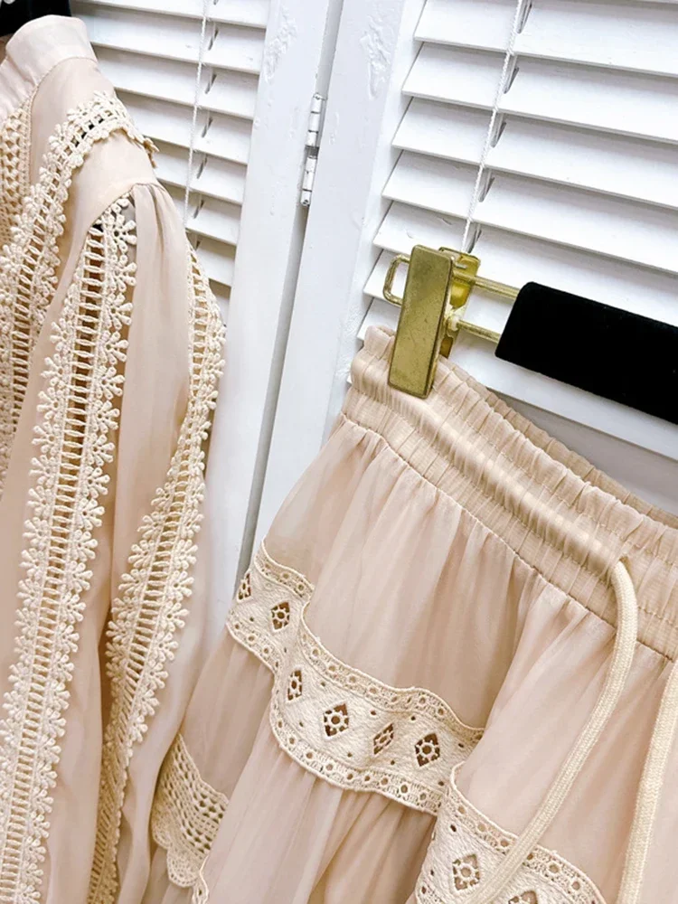 Solid Embroidery Ruffled Set for Women Long Sleeve Stand Collar Top High Waist Skirts Sets Female Spring 2024 New 3WQ9865