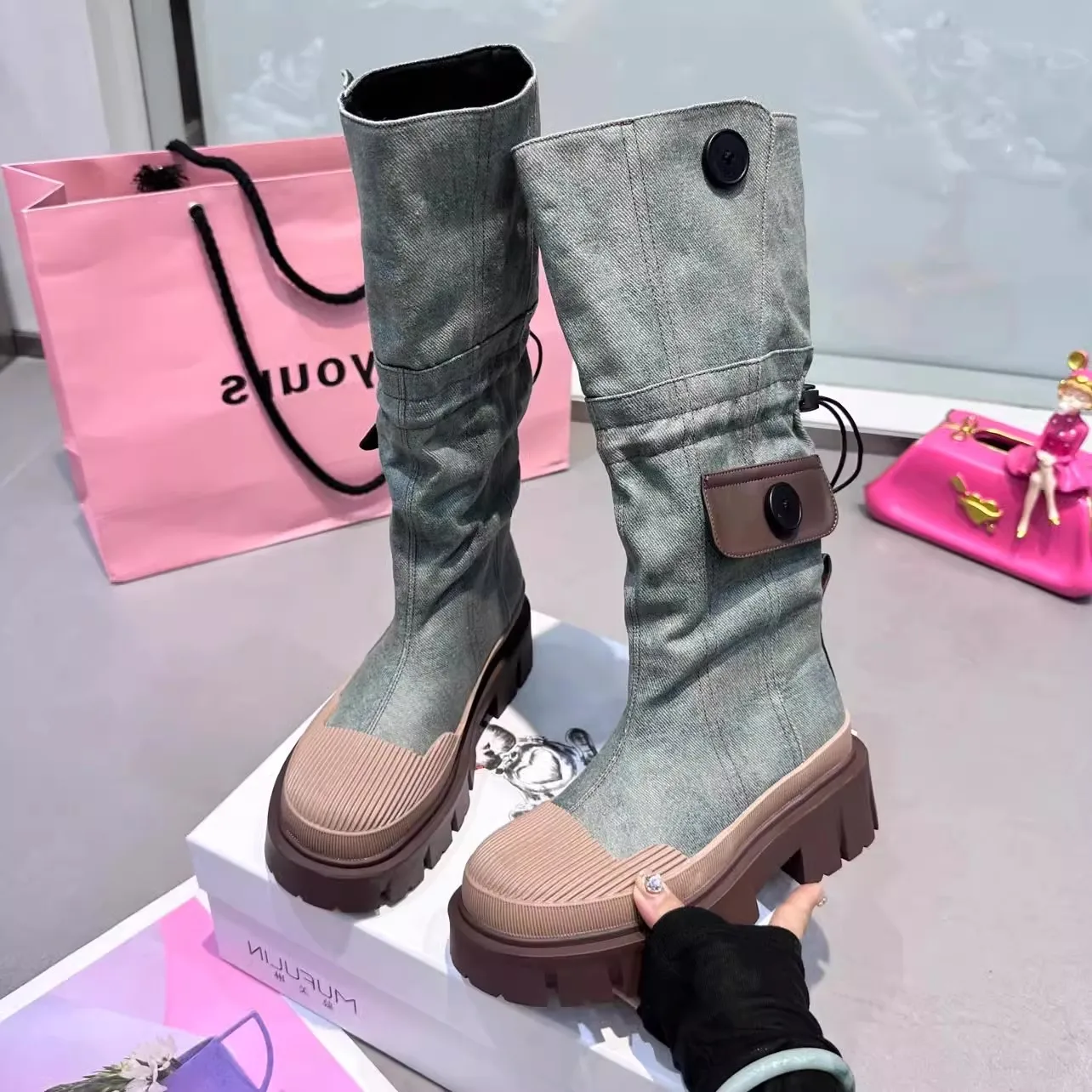 

Korean version of knee-high boots girls denim washed shell head thick soled work boots fashion thin thin knight boots tide