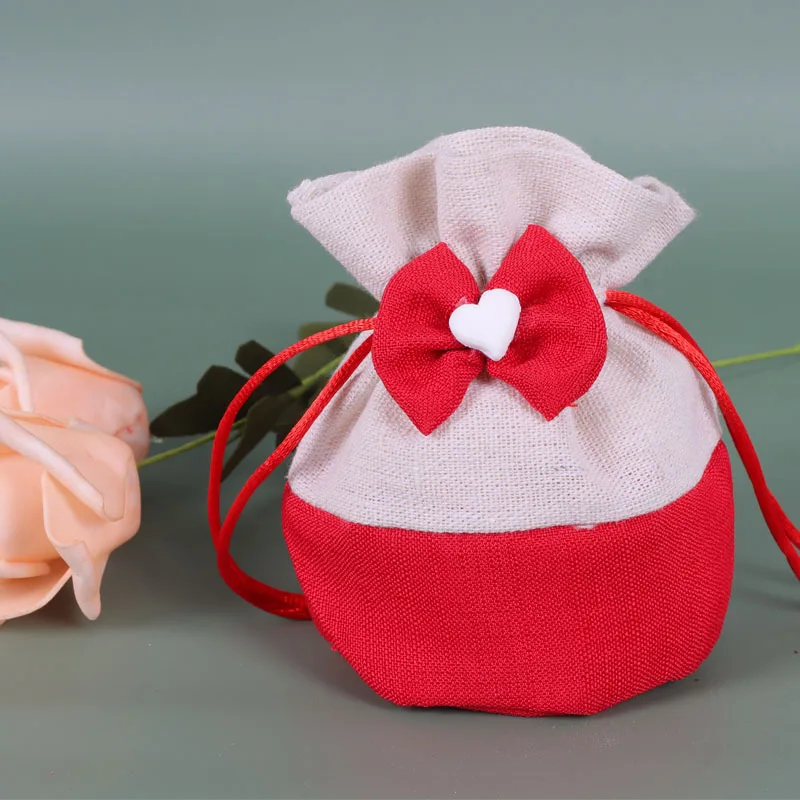 5Pcs Cotton Drawstring Gift Bag Cute Drawstring Round Bottom Candy Bag Butterfly Knot Heart-shaped Handmade Christmas Candy Bag