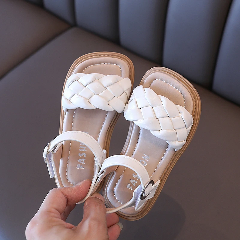 Toddler Shoes Girl Summer Braided Vacation Square Toe Cute Children Sandals Beige Yellow 21-36 Pu Leather Fashion Kids Sliders
