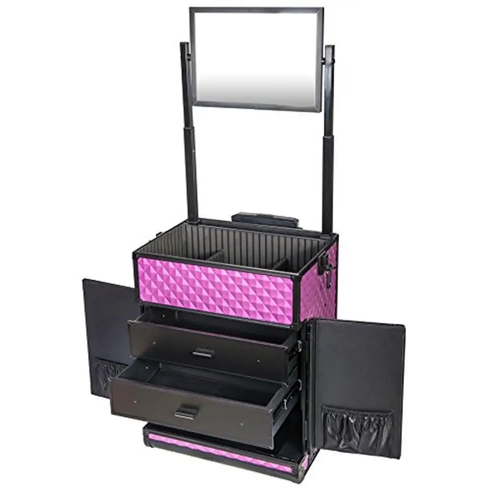 Professional Makeup Artists Rolling Train Case Charming Violet 30 inch ABS Aluminum Trolley Large Drawers Cosmetic Brush Holders 6