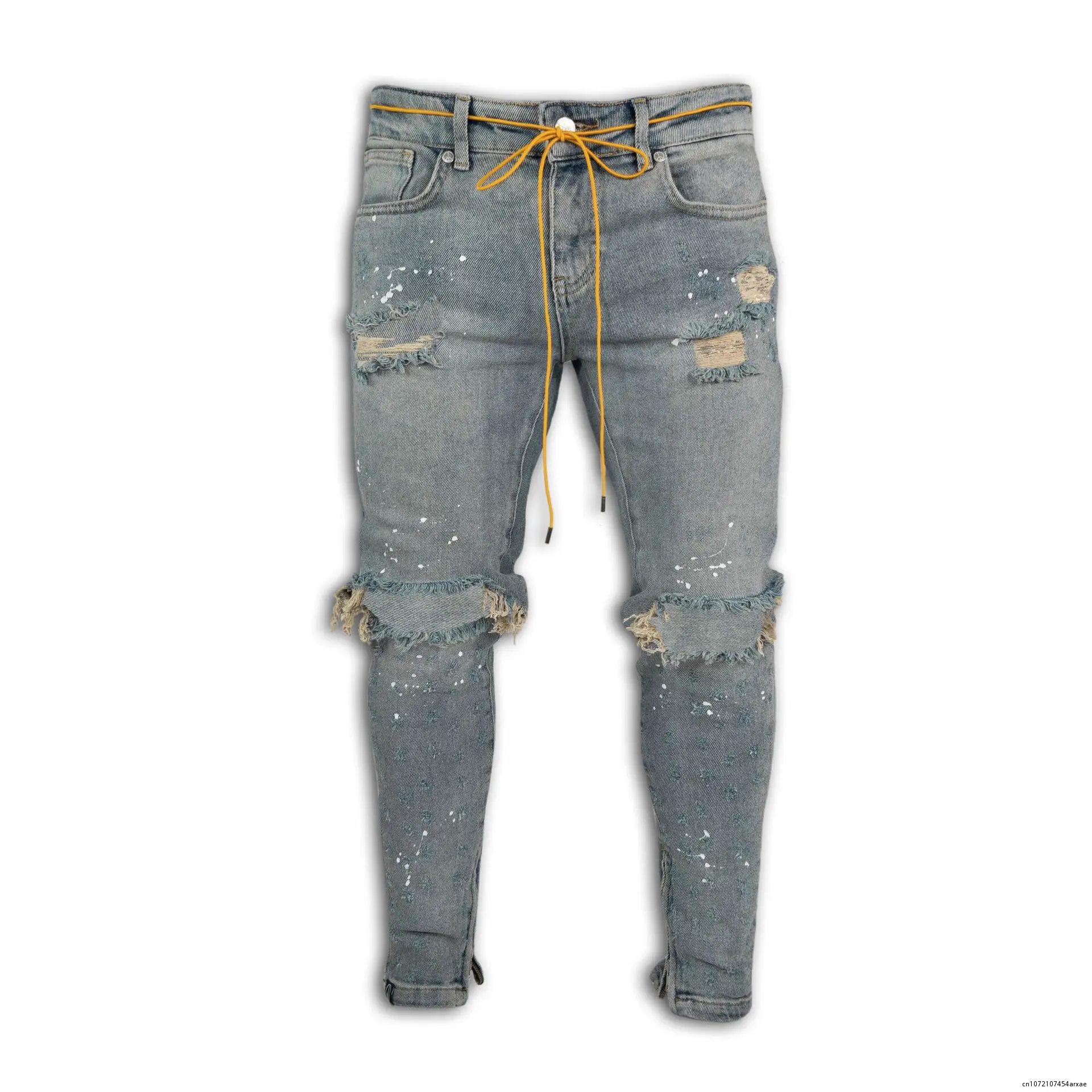 

Men Jeans Stretch Destroyed Ripped Paint point Design Fashion Ankle Zipper Skinny Jeans For Men