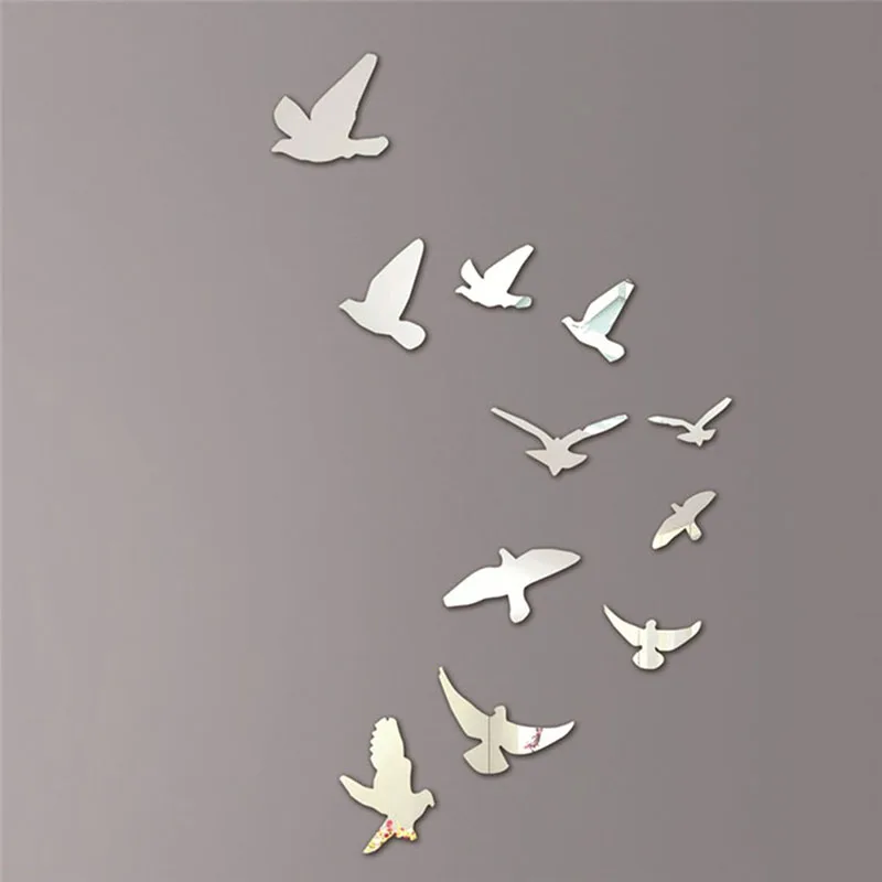 11pcs/set Flying Birds Mirror 3D Acrylic DIY Wall Sticker Silver Removable Wall Decal Wall Decoration for Living Room Bedroom