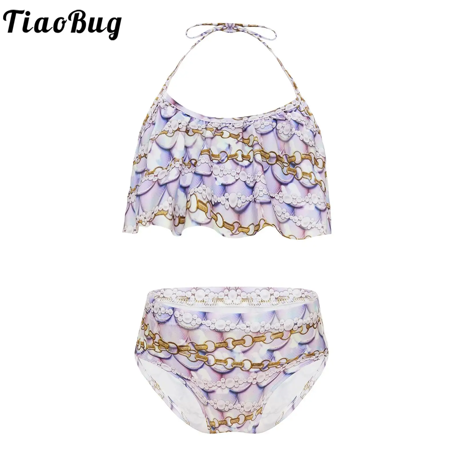 

TiaoBug Two Pieces Kids Girls Swimsuit Mermaid Print Halter Neck Ruffle Swim Top with Bottom Set Beachwear Bathing Suit