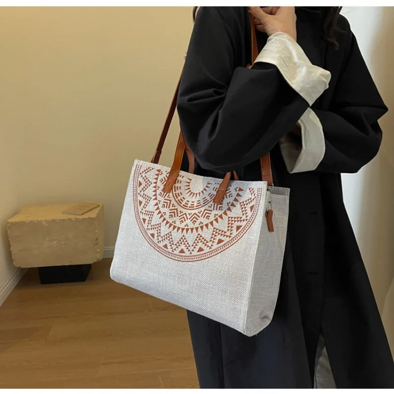 

National Style Vintage Handbag China-Chic Linen Texture Commuter Bag Large Capacity Fashion Versatile Luxury Brand Shoulder Bag