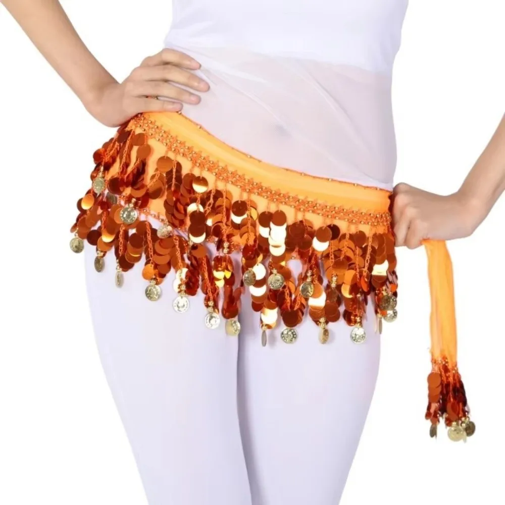 Trendy Belly Dance Belt Belly Dance Hip Scarf with Gold Color Coin Sequins Waist Chain Tassel Women Belt Skirt Show Costumes