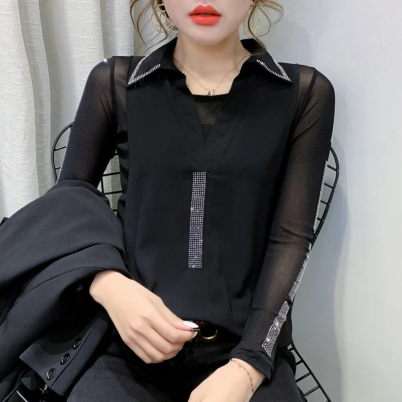 

SALE Spring Long Sleeved Hot Drilling Turn Down Collar Black Women's T-Shirts
