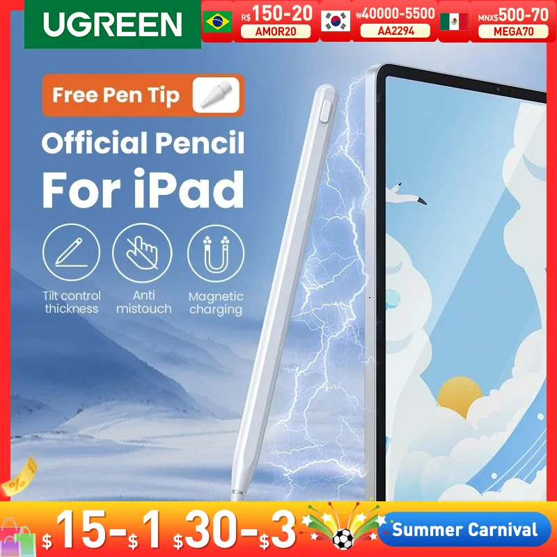 Ugreen-caneta Stylus Magnética para Ipad Carregamento sem Fio Tilt Pen a Apple Ipad Pro 12 Air Bluetooth Geração