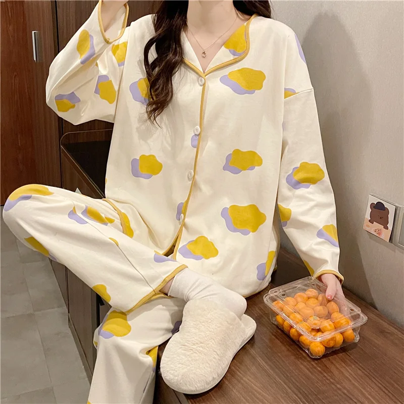 Spring Autumn Women's Milk Silk Pajamas Long Sleeve Cardigan Pants Loose Casual Home Clothing Set Cartoon Cute Sweet Sleepwear