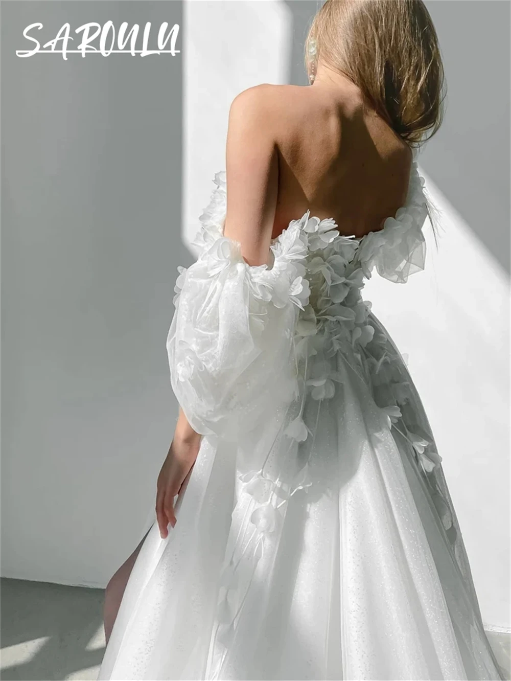 

A-line Shimmering Floral Wedding Dress, Deep V-neck, Off-Shoulder Sleeves Decorated with 3D Flower Embroidery, Tulle Bridal Gown
