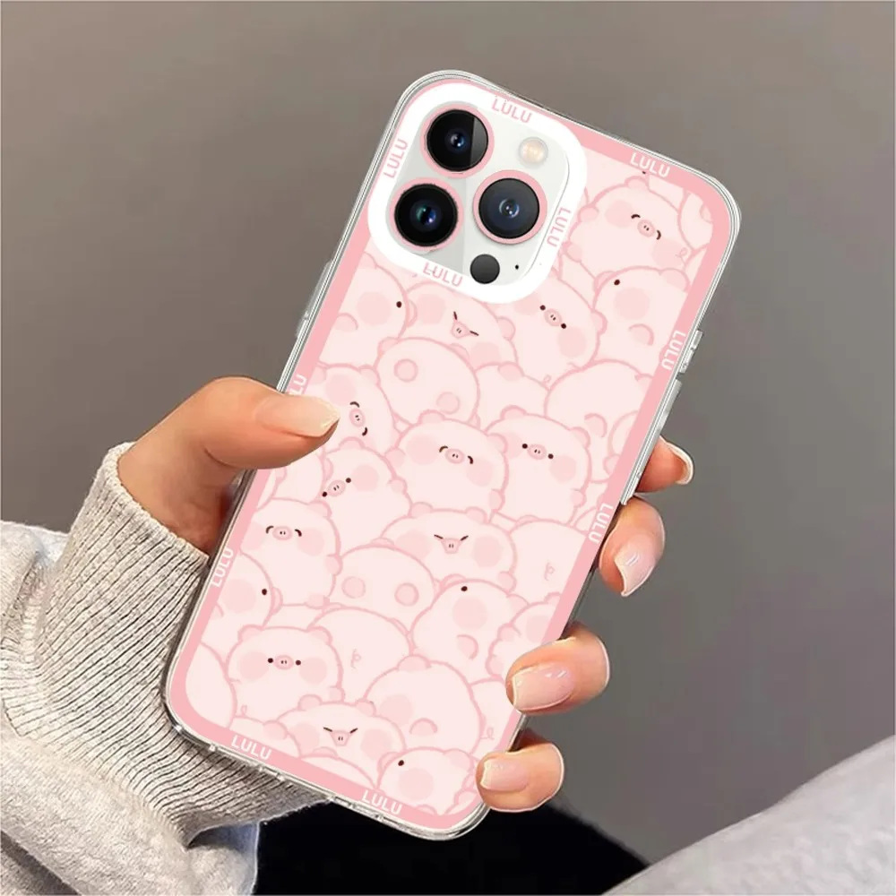 Cute cartoon pink lulu pig Phone Case For iPhone 11 12 Mini 13 14 15 Pro Max Transparent Shell images - 6