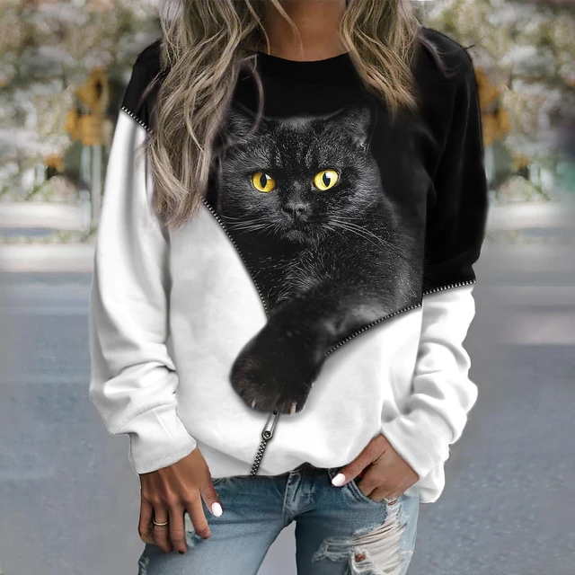 Moda Sudadera De Mujer Con Capucha - Gatito Negro