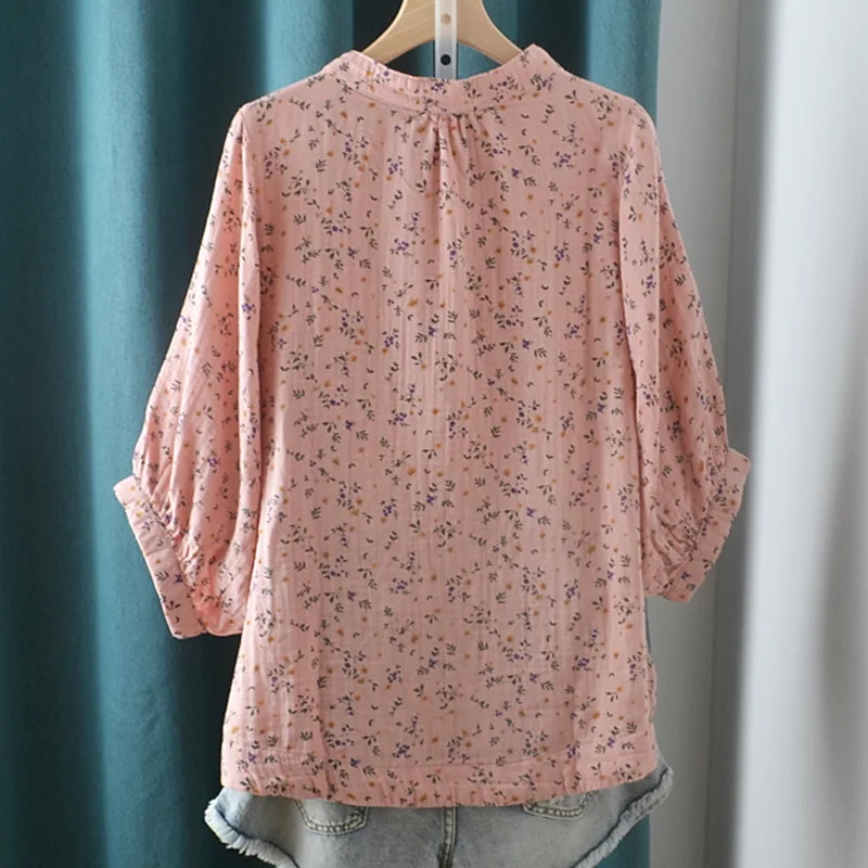 New Spring Cotton Yarn Versatile Shirt Women Stand Collar Tops Girl Short Sleeve Printed Literature Blouse 2024 Autumn T43501QC