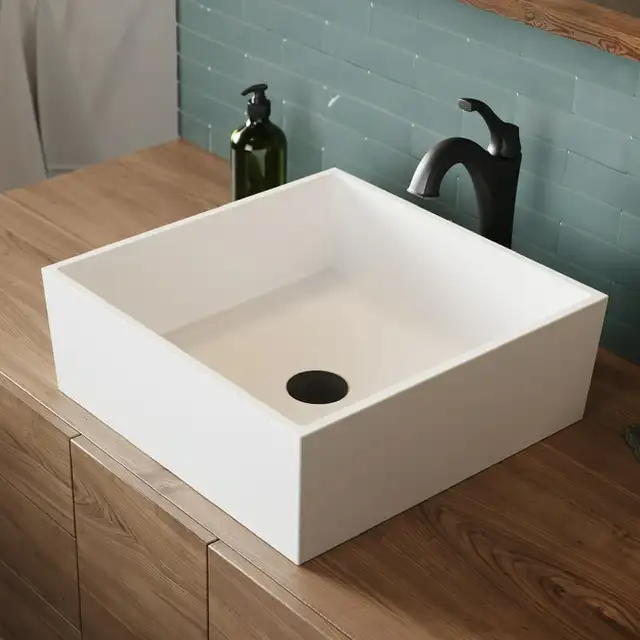 Upgrade your bathroom with the Square Vessel Composite Bathroom Sink with Matte Finish and Nano Coating in White
