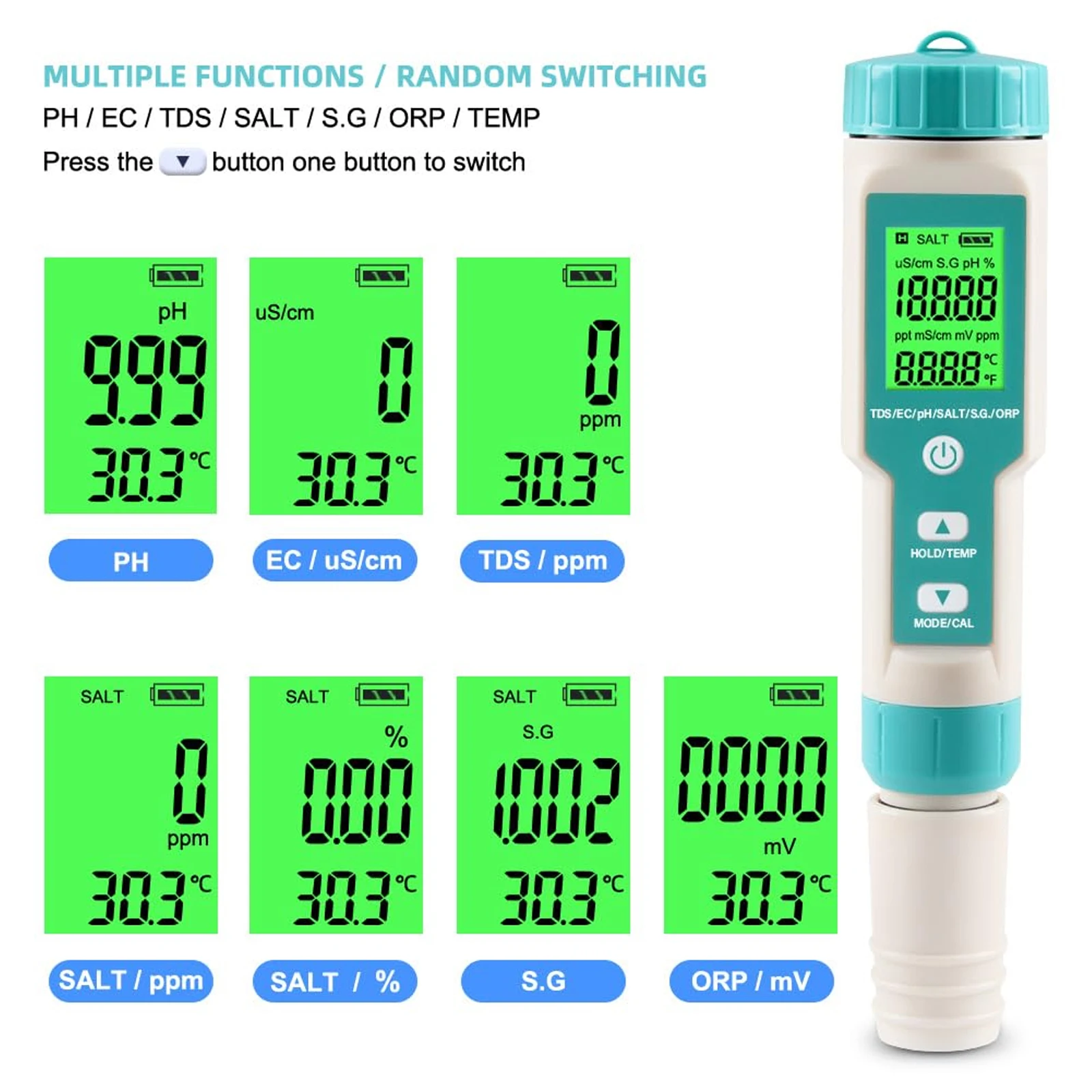 디지털 수질 감지기, 7 in 1 PH/TDS/EC/염분/S.G/ORP/온도 측정기, 다기능 수질 테스터 모니터, 수영장용