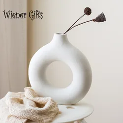 Nordic Circular Hollow Ceramic Vase Donuts Flower Pot Home Decoration Accessories Office Desk Living Room Interior Decor