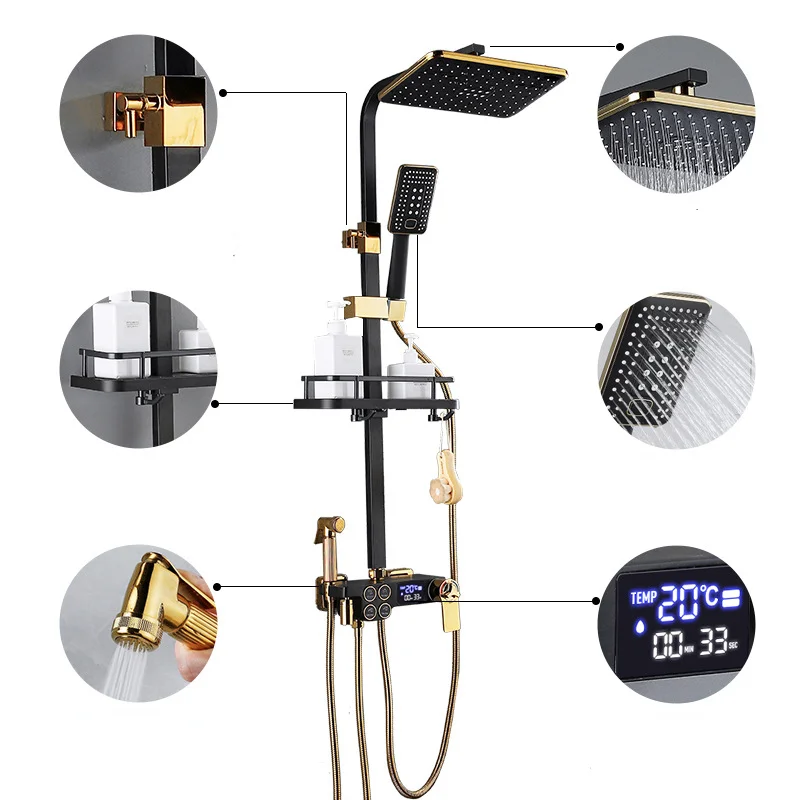 Smart Black Gold Shower Set Thermostatic Full Copper Bathroom Button Pressurized Head