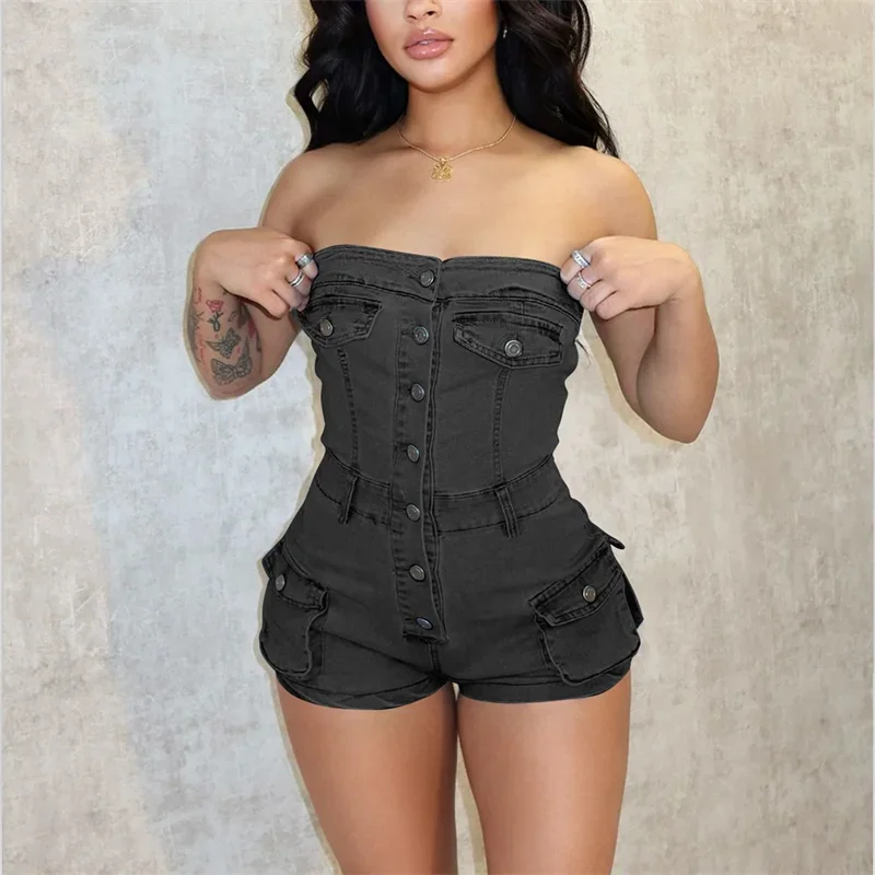 Women One-line Collar Sleeveless Denim Jumpsuit Shorts Fashion Casual 3D Pocket Rompers Female Single-breasted Splice Playsuits