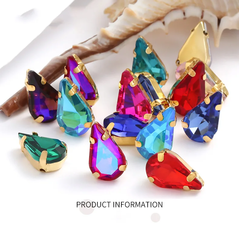 Description Picture 3 of itemTeardrop Shape Glass Rhinestone With Golden Claw Sew On Crystal Stone Strass Diamond For Wedding Dress Bag Crafts Embellishments