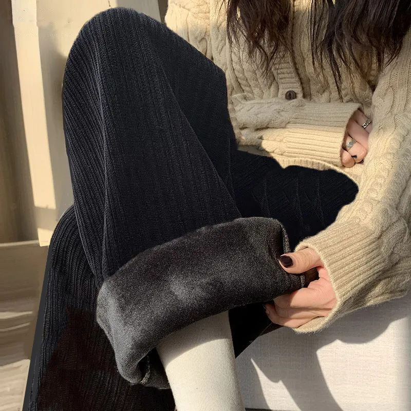 European cotton velvet wide leg black [fleece-lined] no pockets