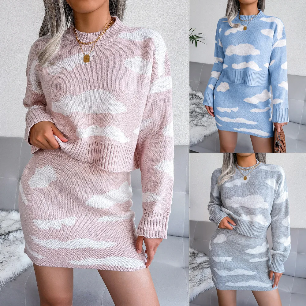 

Two Piece Sets For Women Long Sleeve Pullovers Tops Mini Skirt Autumn Winter Fashion knitted Sweater Clothes Outfits Ropa Mujer