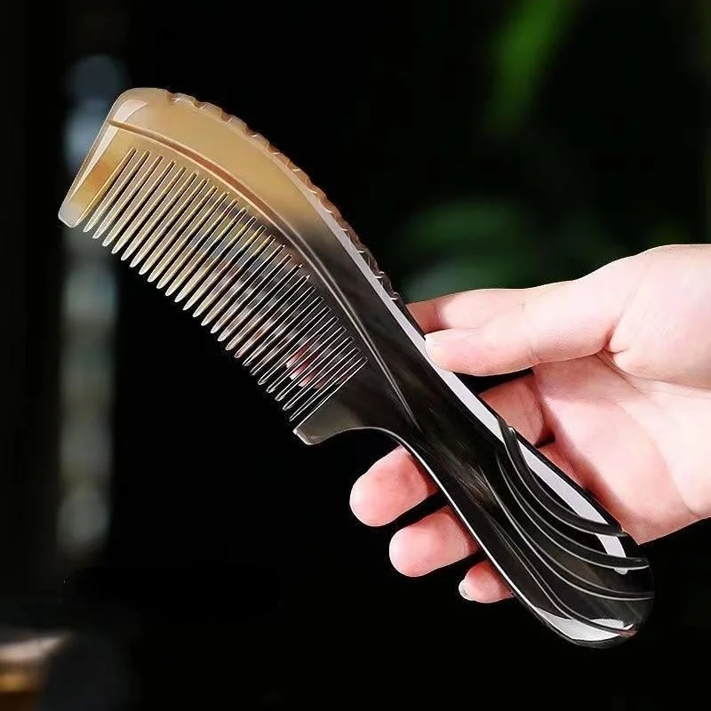 Natural Buffalo Horn Comb Fine Teeth Anti Static Massage Hair Comb with Thickening Round Handle for Head Health