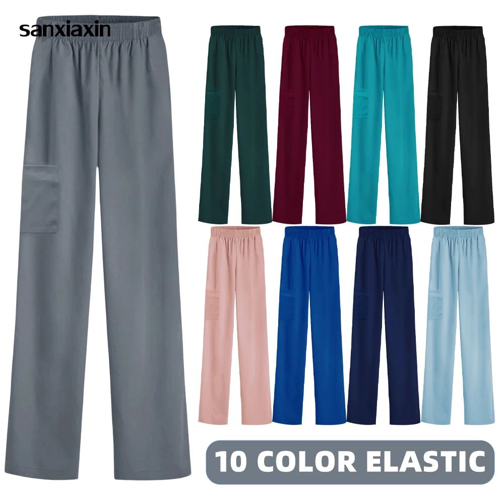

Elastic Waist Beauty Work Pants Pharmacist Trouser Medical Nurse Scrubs Pants Men Women's Bottoms Solid Color Straight Leg Pants