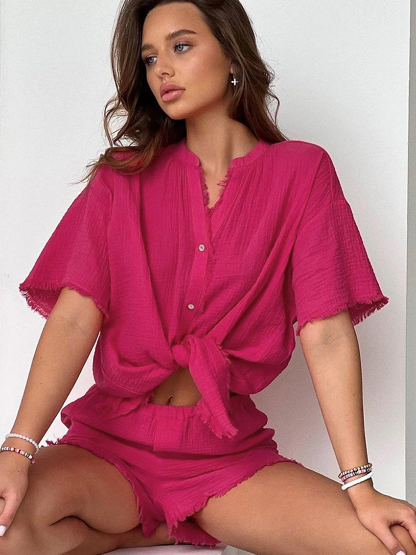 Marthaqiqi Cotton Casual Women'S Nightgowns Suit O-Neck Sleepwear Short Sleeve Pajamas Shorts Loose Ladies Nightwear 2 Piece Set