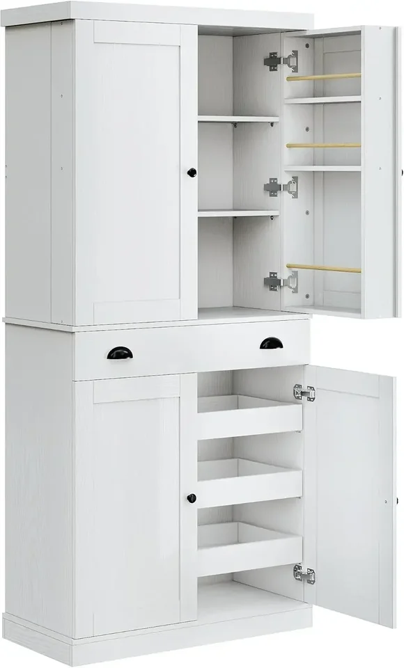 Modern White Kitchen Pantry Cabinet with Sliding Shelves