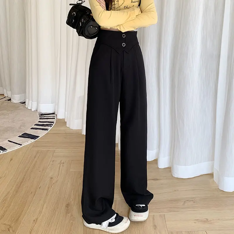 QWEEK Vintage Classic Suit Pants Women Korean Fashion Elegant Offic Ladies Slack Palazzo Trousers High Waist Loose Wear To Work qweek white y2k cargo jeans women vintage high waist wide leg streetwear washed loose trousers hip hop baggy pants trashy 2000s