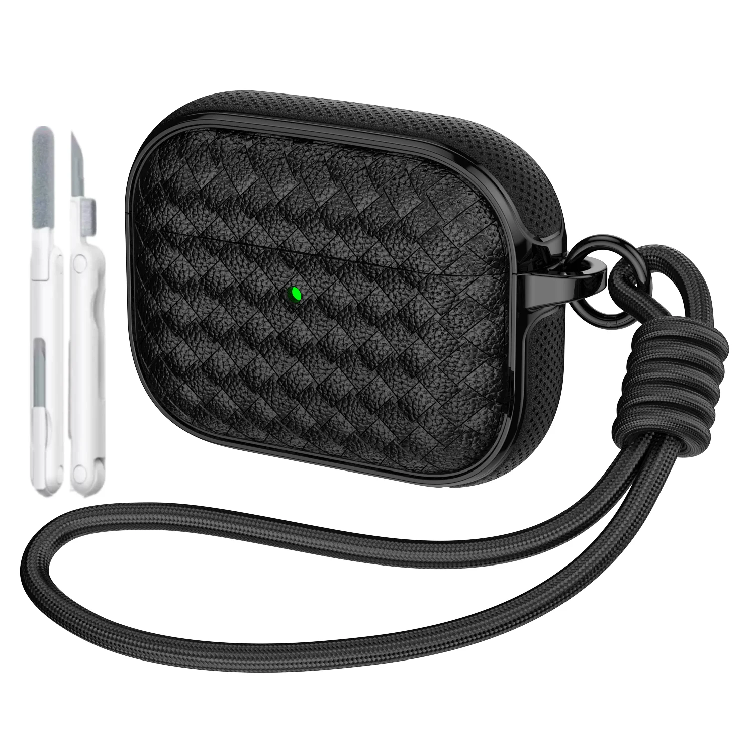 Woven Leather Texture Headphone Case with Lanyard, Non-Slip Earbuds Holder
