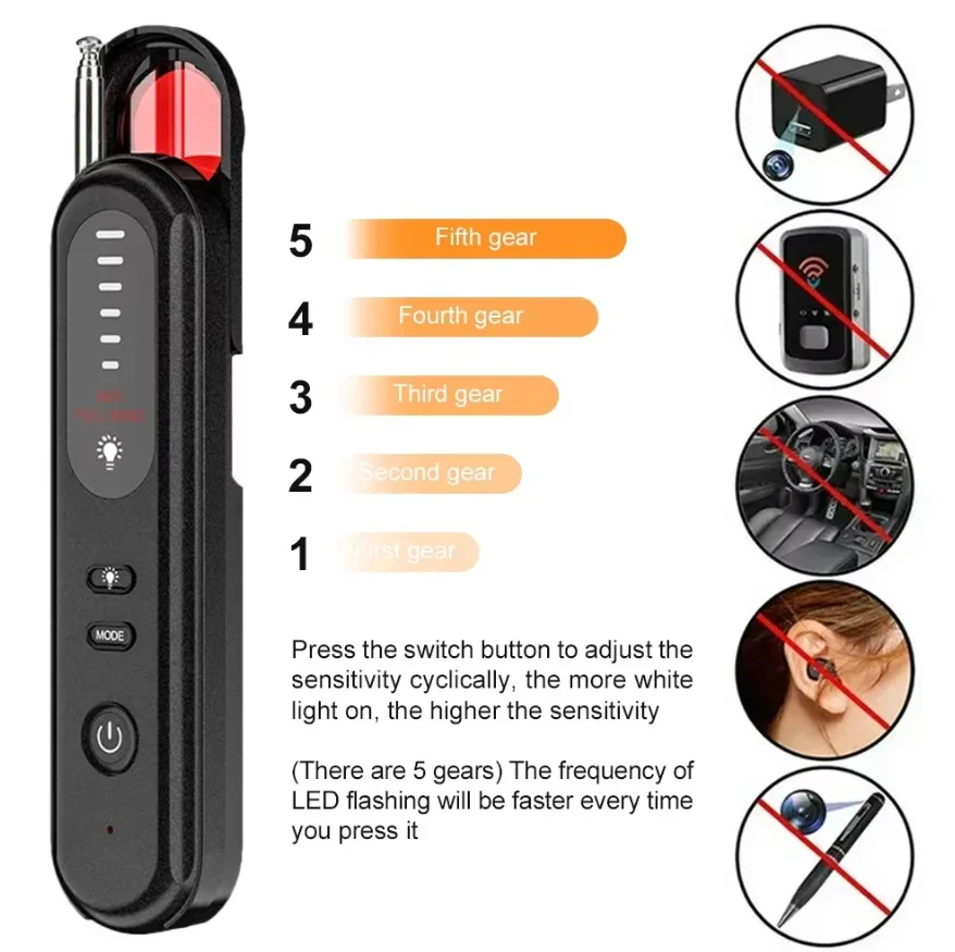 Hidden Camera Detector Listening Device Tracker Anti-Spy Electronic Signal 5 Levels Sensitivity Wireless Signal Scanner for Home