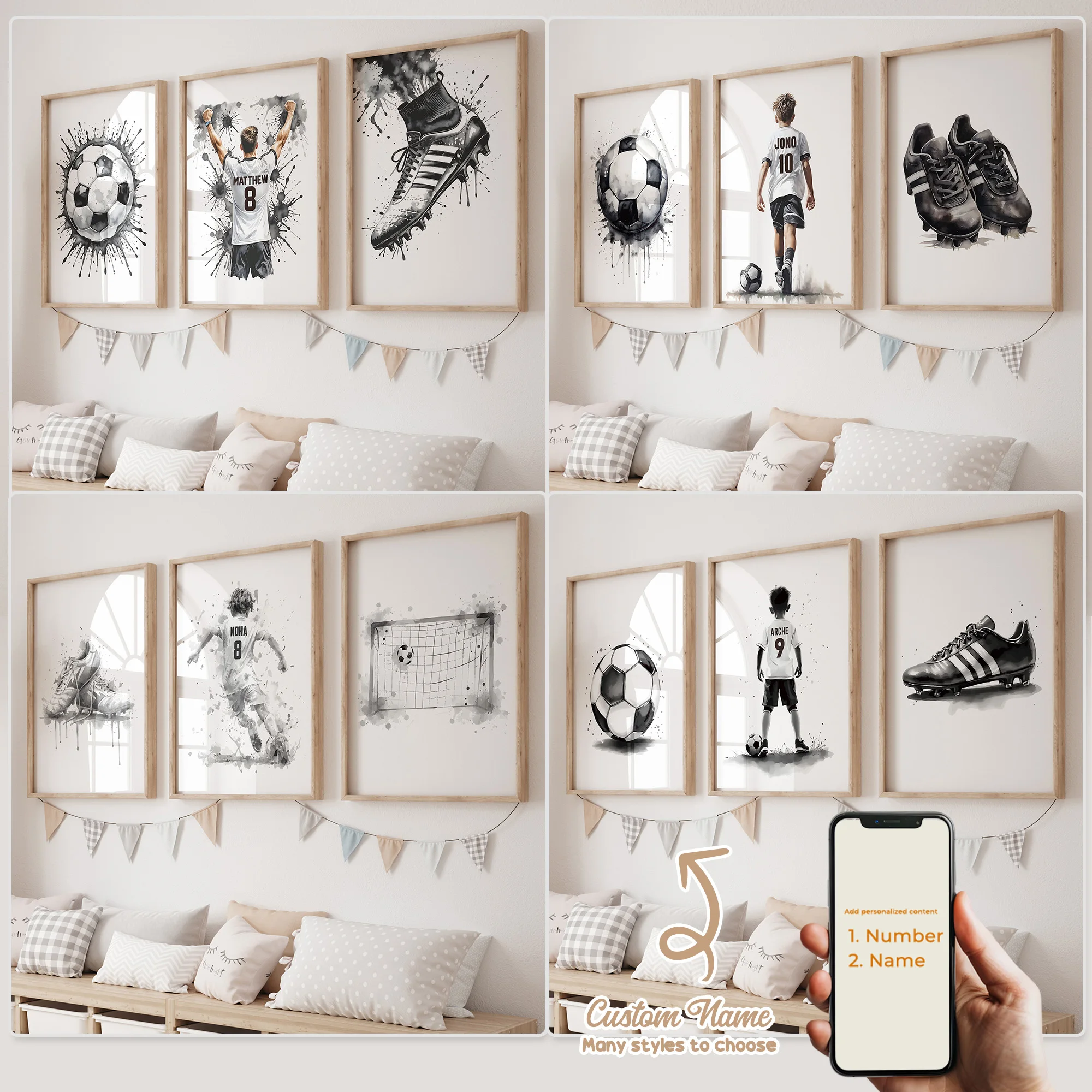 3pcs Personalized Custom Name Cartoon Child Football Wall Art Print Picture Canvas Poster Painting For Living Room Home Decor 1