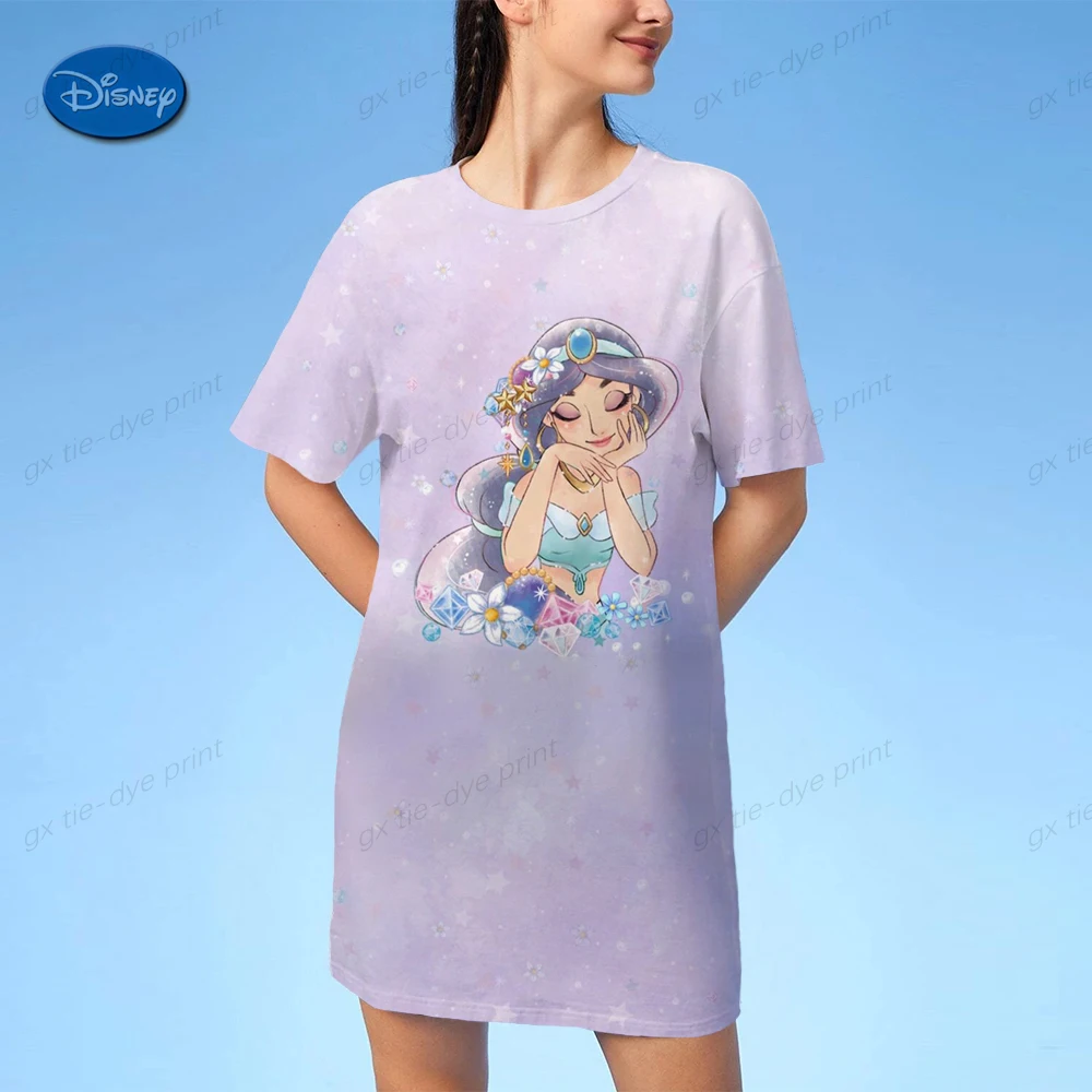 

Летняя одежда для женщин, свободное платье-футболка, женские модные платья с коротким рукавом и принтом Принцессы Диснея JasminePrint, повседневные платья