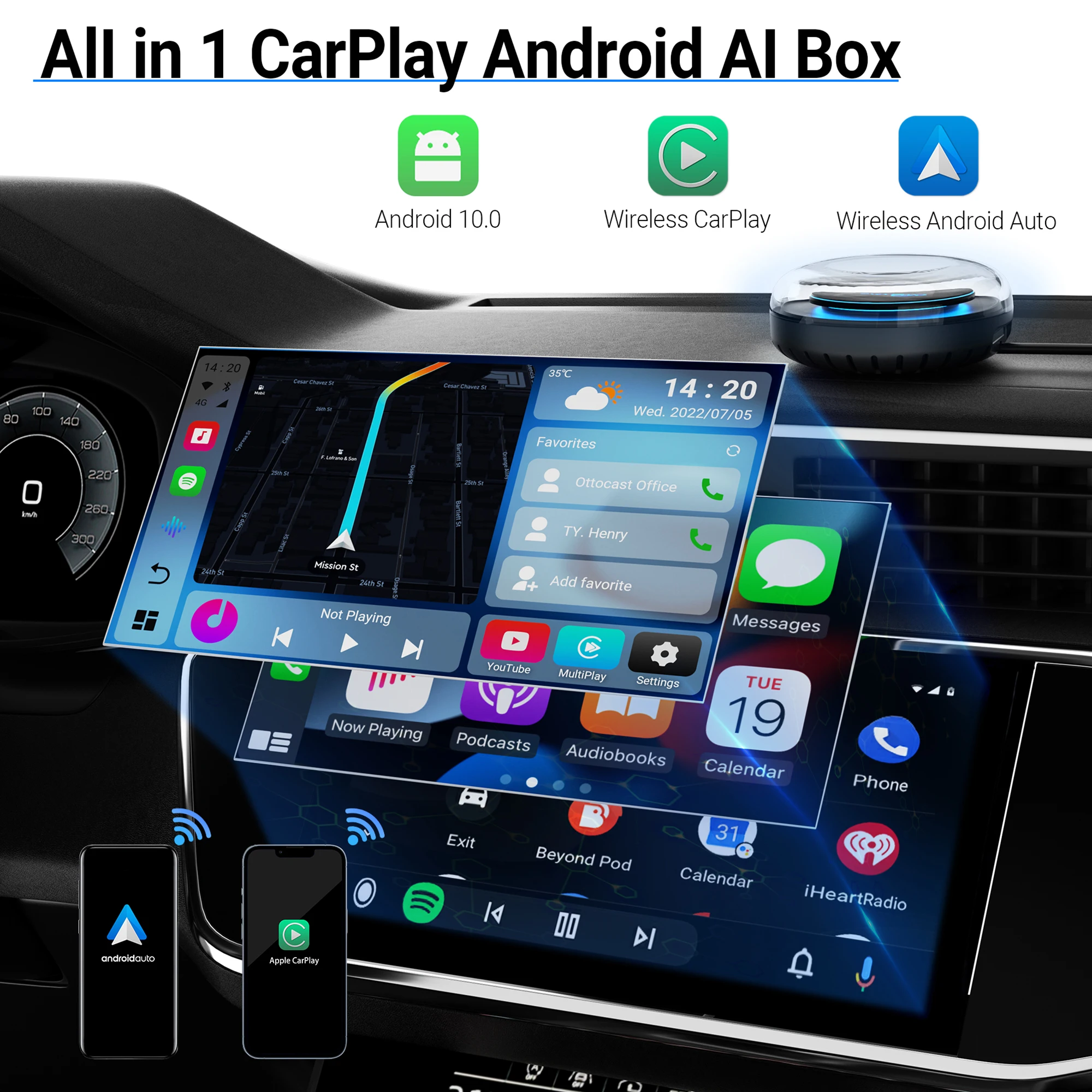 OTTOCAST PICASOU 2 CarPlay AI Box Wireless CarPlay Android Auto Snapdragon  665 Android 10 HDMI Output Multimedia Player for Audi