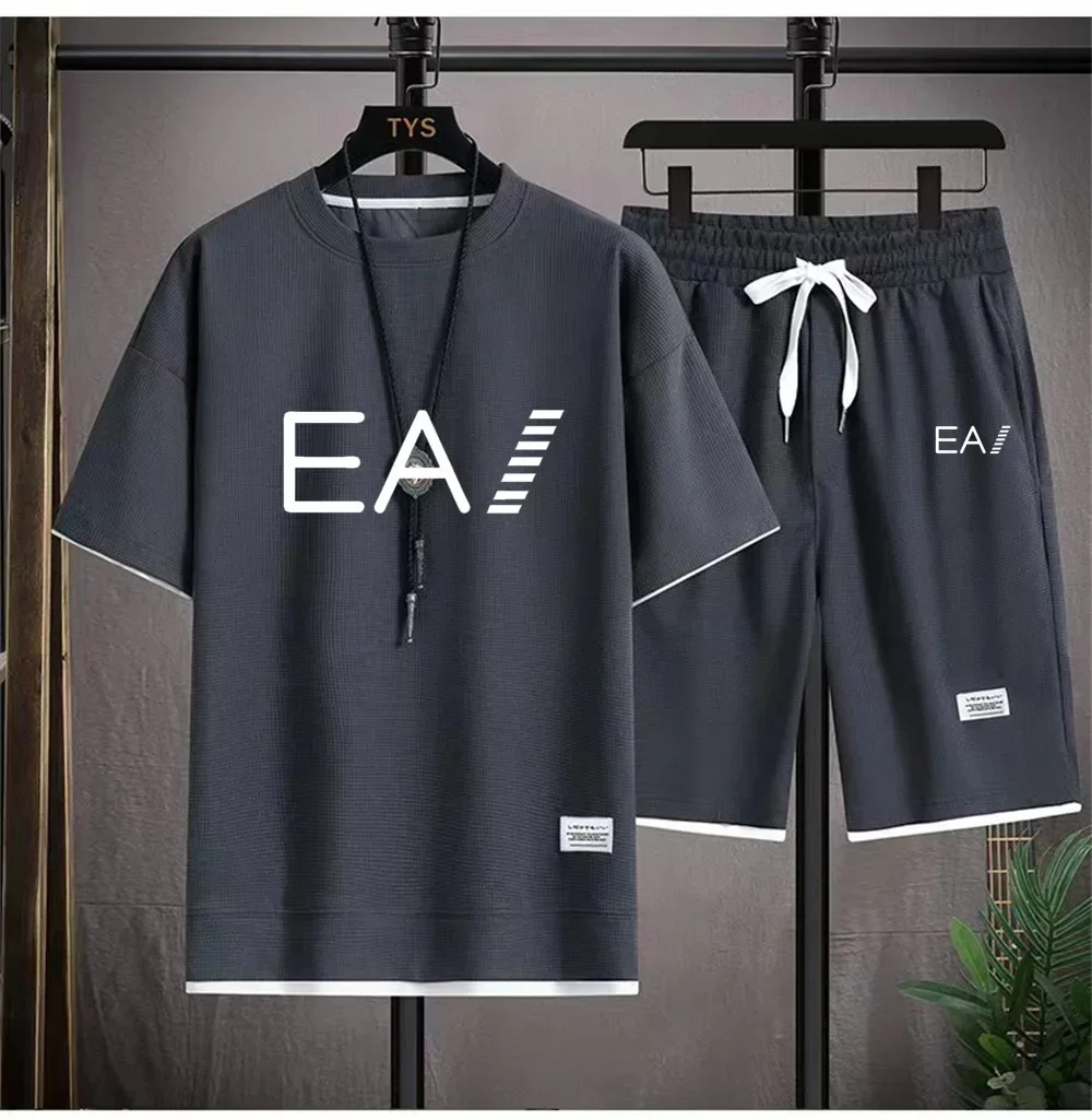 2024 man Men's New Summer Breathable Set, Round Neck Short Sleeved+two-piece Set Of 5/4 Shorts, With The Letters Ea1 Printed