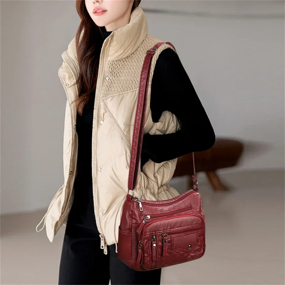 Fashion Soft Leather Crossbody Bags for Women Casual Female Multi Pocket Messenger Bags Retro Handbags Ladies Shoulder shoulder bag leather handbag pu handbag