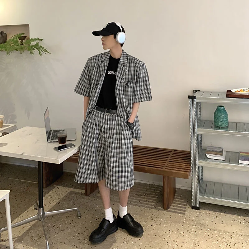 

2022 (shorts+suit Jackets) Summer Men's Loose Black And White Plaid Short Sleeved Suit Jackets High Quality Mens Sets Suit S-XL