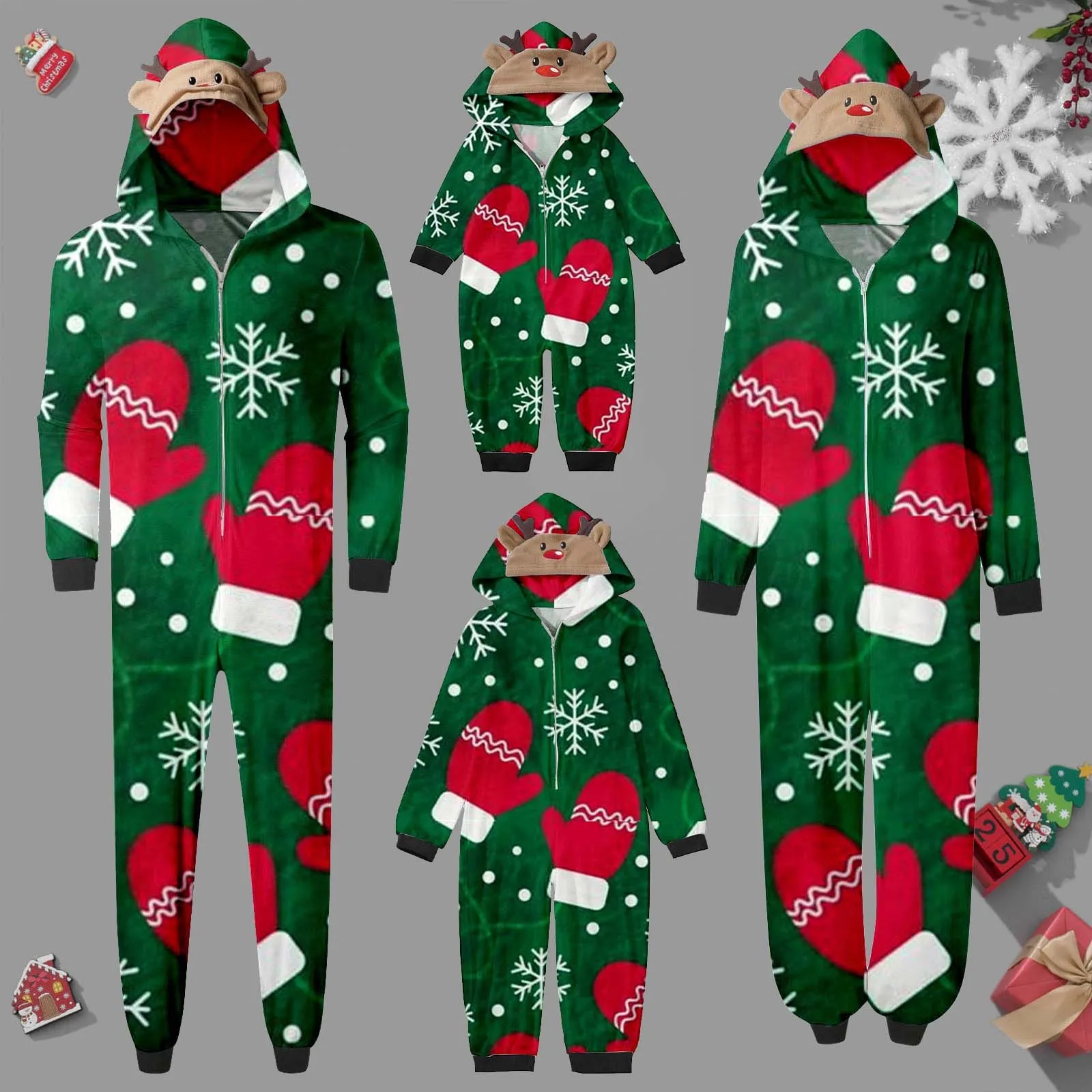 thumbnail image 1 of Pijama grueso y cálido de franela con estampado de copos de nieve para Navidad, para mamá, papá, niños y bebés, conjuntos a juego, mono con capucha y cremallera, aspecto familiar, 1 of 5