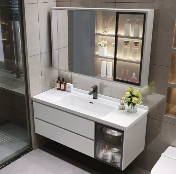 Factory Directly Modern Hotel Hanging Waterproof Mirror Pvc Wash Basin Vanity Bathroom Cabinet