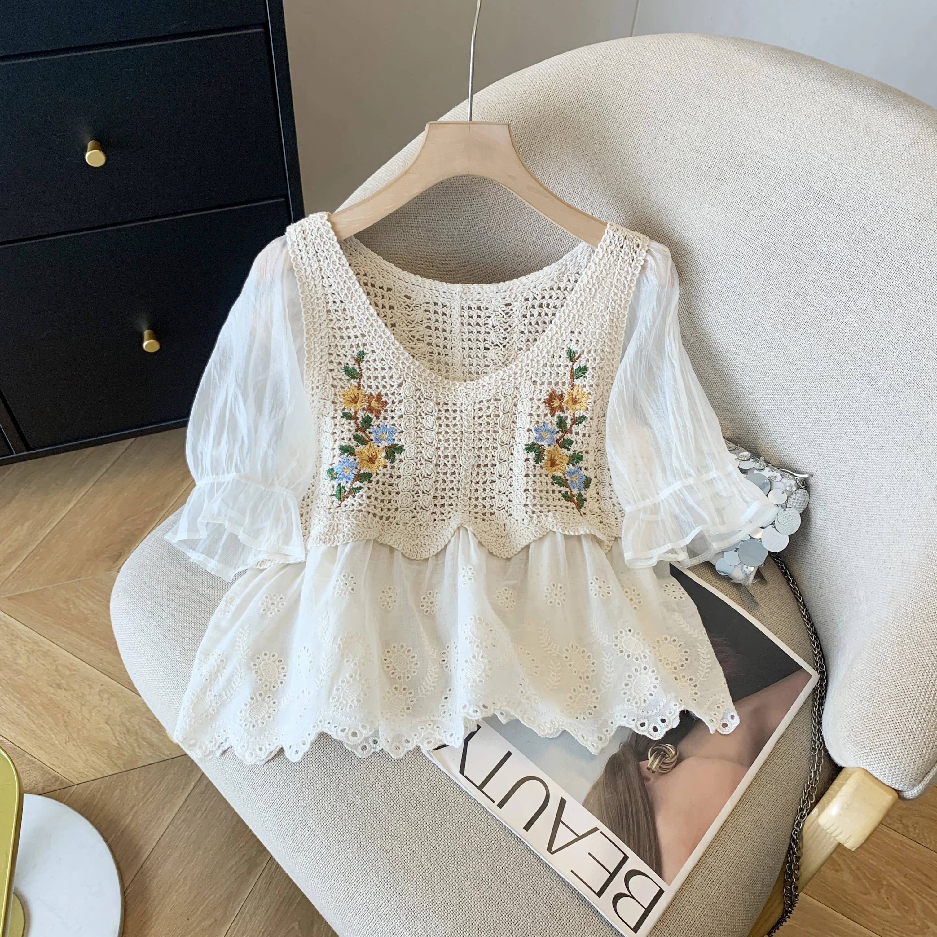 Women Blouse Crochet Knit Eyelet Lace Half Sleeve Floral